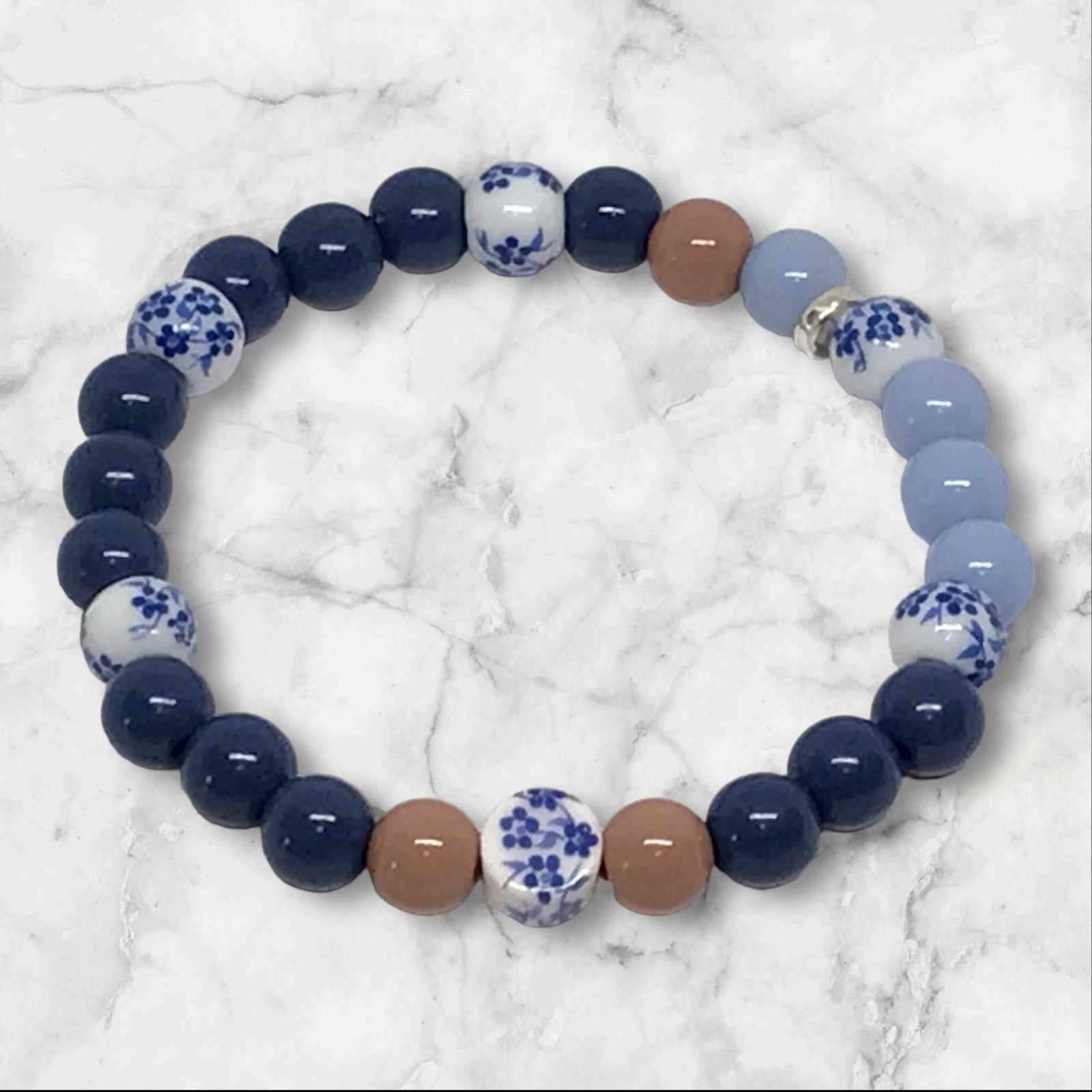 Bracelet Set Classic Navy Brown Blue Floral Beads Handmade Country Chic Design