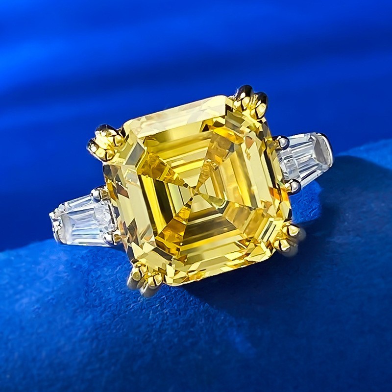 9ct Asscher Cut Lab Grown Yellow Diamond Three-Stone Ring, 18K Gold Vermeil
