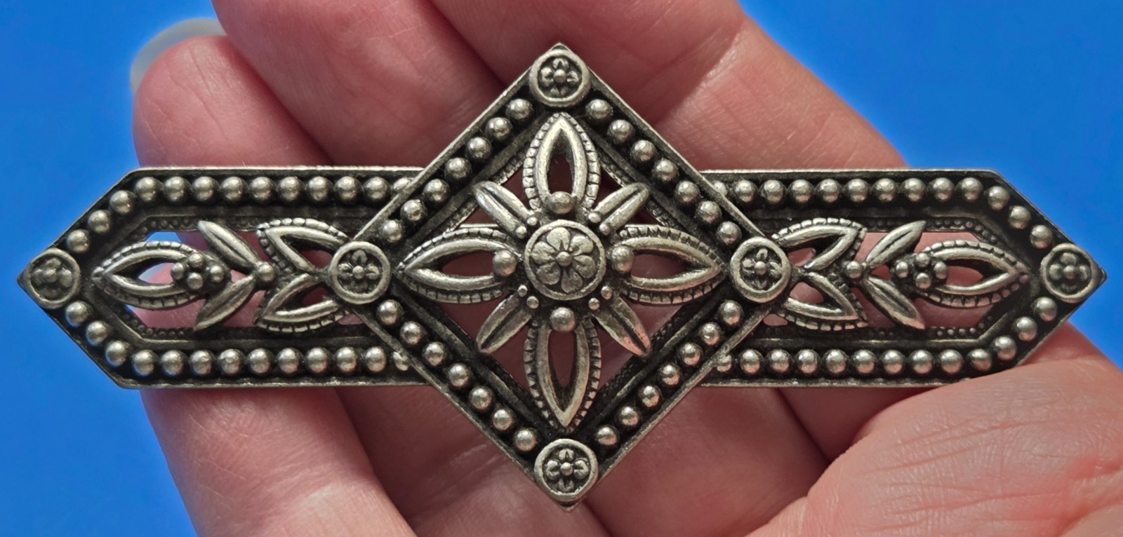Vintage JJ Art Nouveau Pin Bar Brooch, Silver Tone Flower, Jonette Jewelry