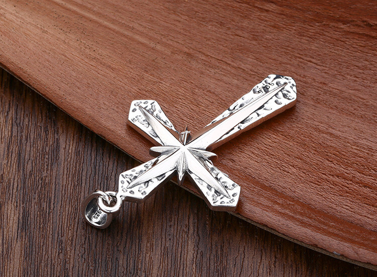 S925 Silver STARBURST CROSS Pendant Textured Hammered Mens Large HEAVY 16g