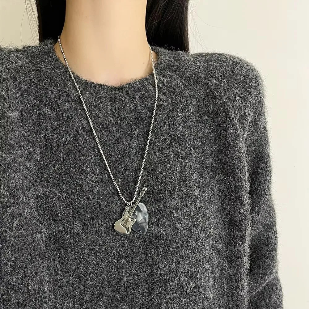 Hip-hop Guitar Pick Pendant Necklace Titanium Steel Trendy Guitar Chain Choker P