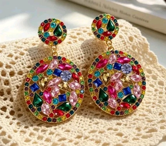 Round Cluster Earrings, Multicolor Faux Stones Of Crystals, Rinestones Gems