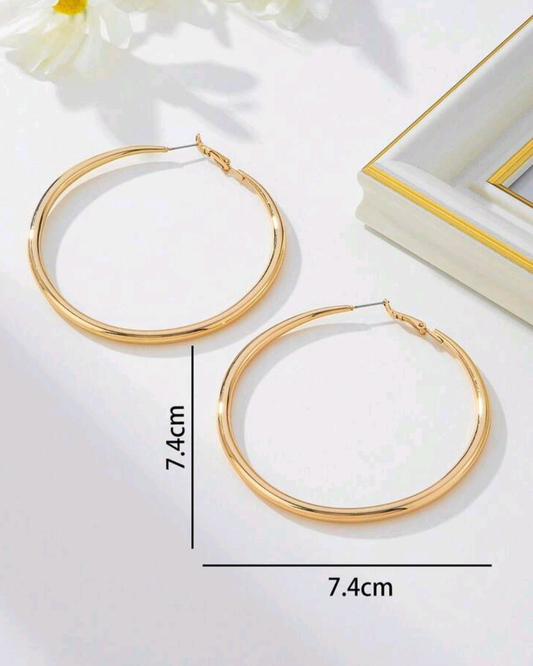 Gold Large Round Hoop Metal Latch Back Fashion Earrings for Lobe 7.4 cm