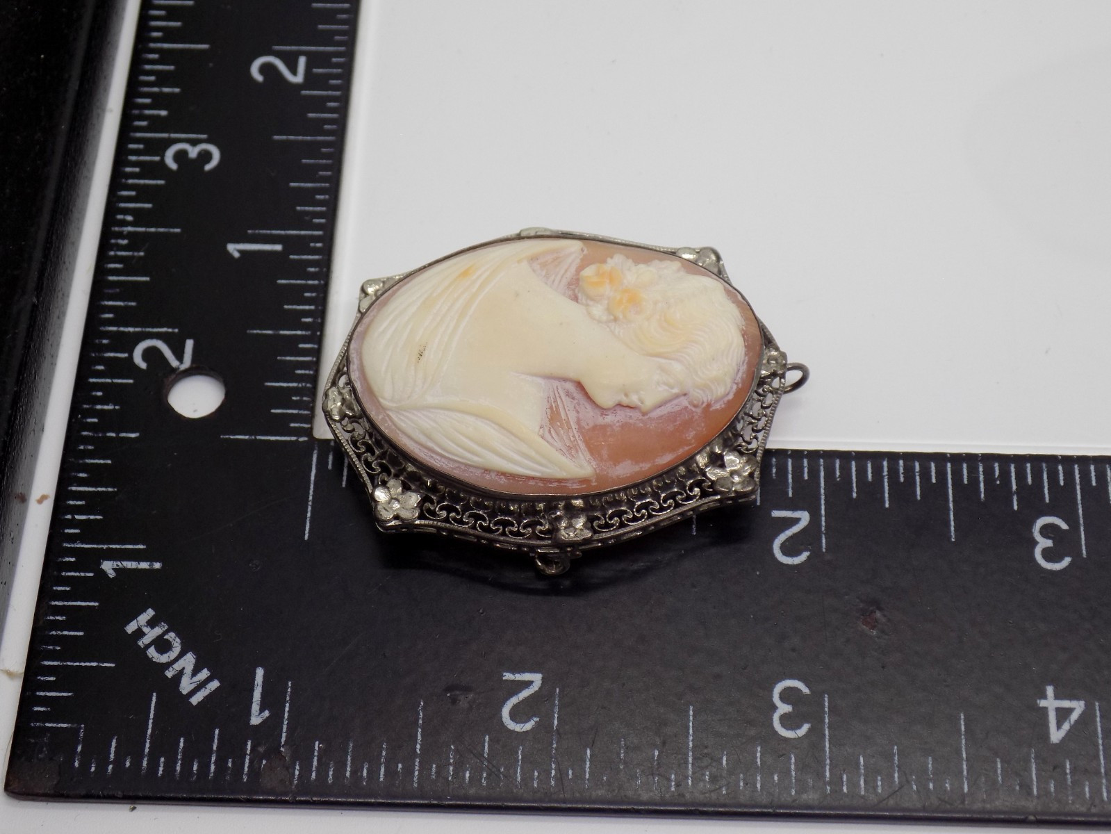 Antique 800 Silver Cameo Carved Maiden Filigree Floral Brooch Pin Pendant
