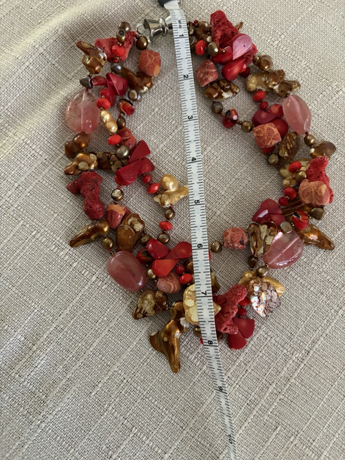 Artisan Multi Strand Coral Shell Pearl Glass Bead Necklace Magnetic Clasp