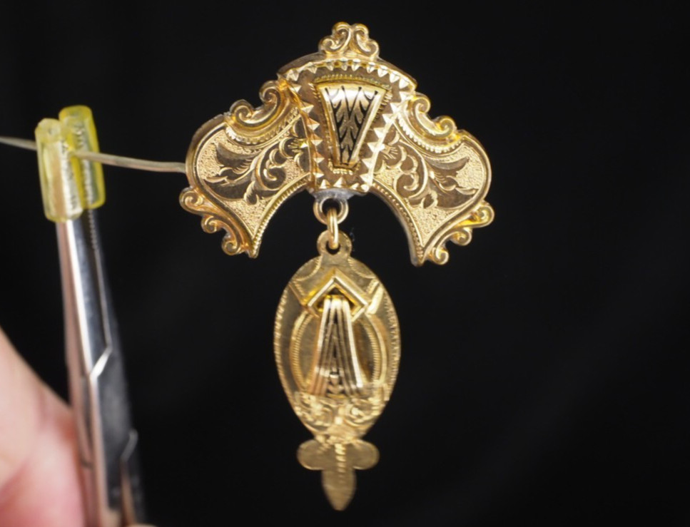 Antique Victorian Etruscan Hollow Gold Filled Dangle Brooch Black Enamel Pin