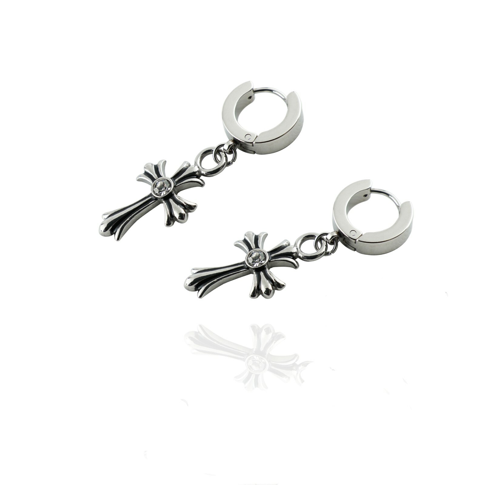 Stainless Steel Chrome CZ CH Cross Circle Huggie Hoop Dangle Drop Stud Earrings