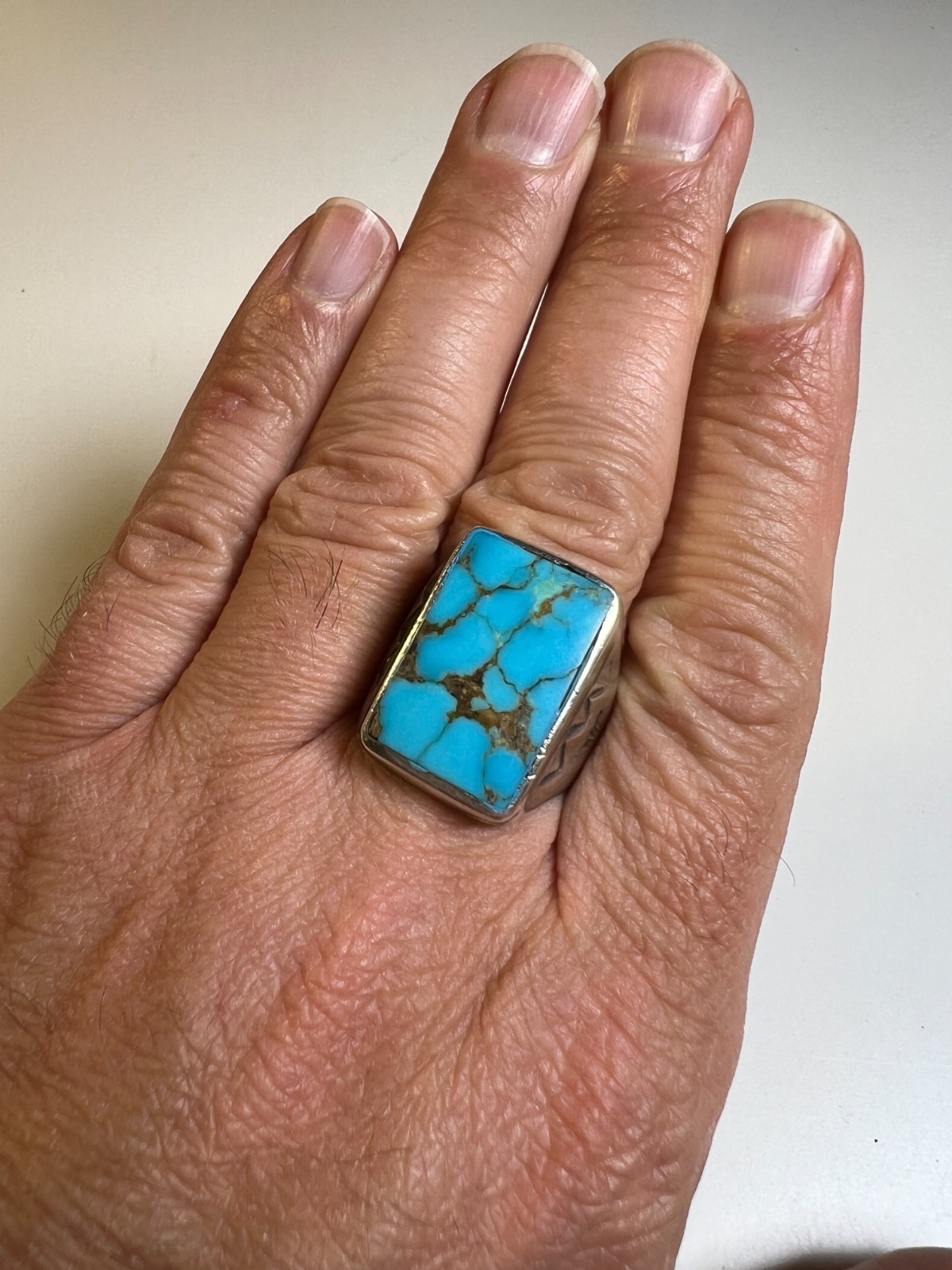 Vintage Navajo Sterling Silver & Large Rectangular Turquoise Cabochon Ring sz 11