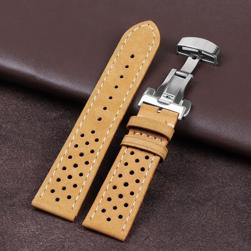 Premium Porous Breathable Leather Watch Band Strap Mens Butterfly Buckle 20 22mm
