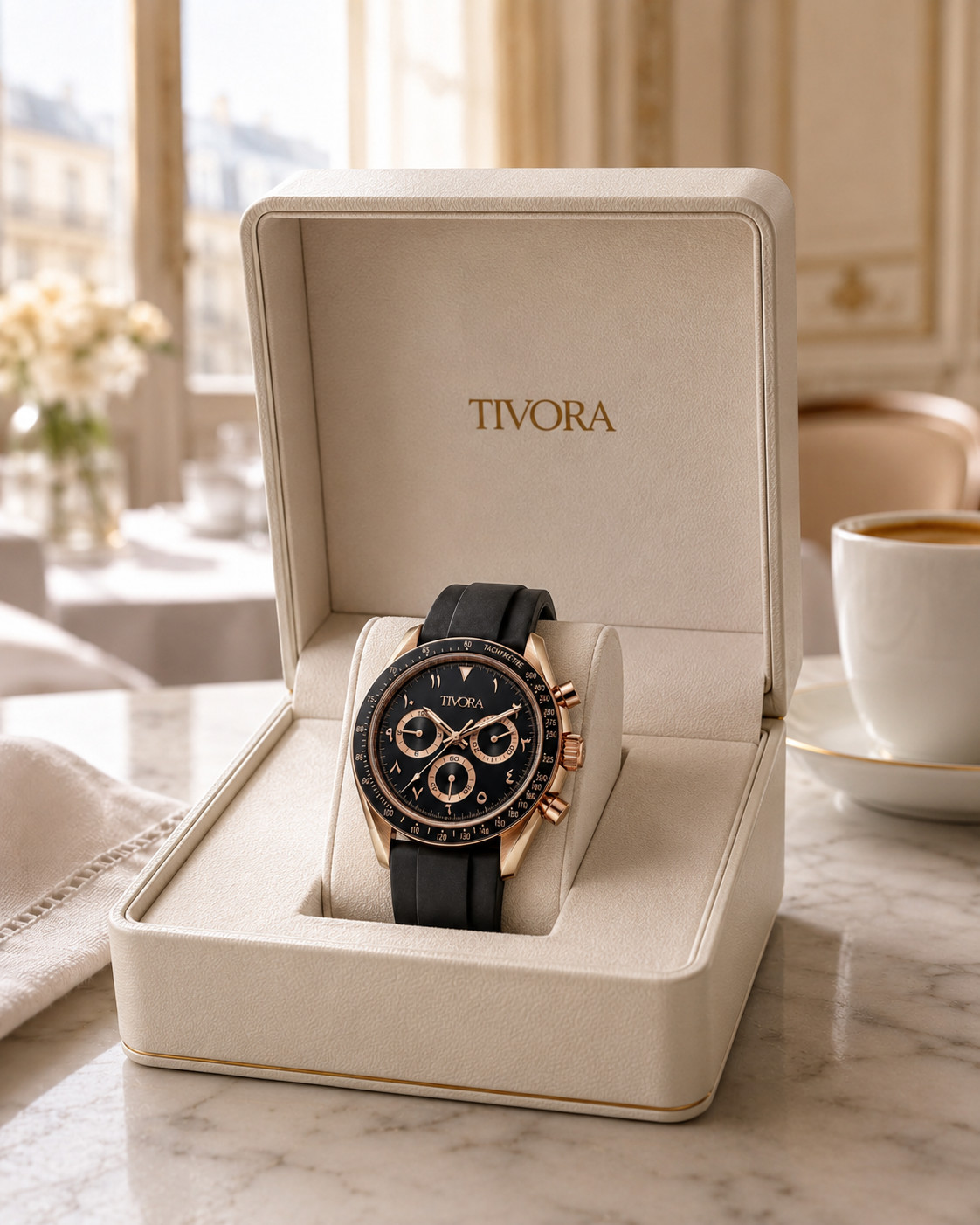 TÍVORÁ Veyron Rose Steel Onyx Dial Rubber V2 – Custom Branded Automatic Chronogr