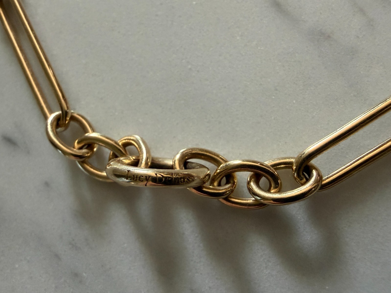 Lucy Delius 14k Yellow Gold Trombone Link Chain Necklace Front Clasp 45cm 27g