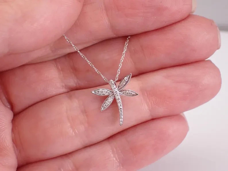 0.12Ct Round Cut Tester Pass Moissanite Dragonfly Pendant 14K White Gold Plated