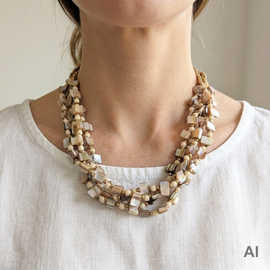 Mother of Pearl Multi Strand Beaded Necklace 22″ Iridescent Polished Shell