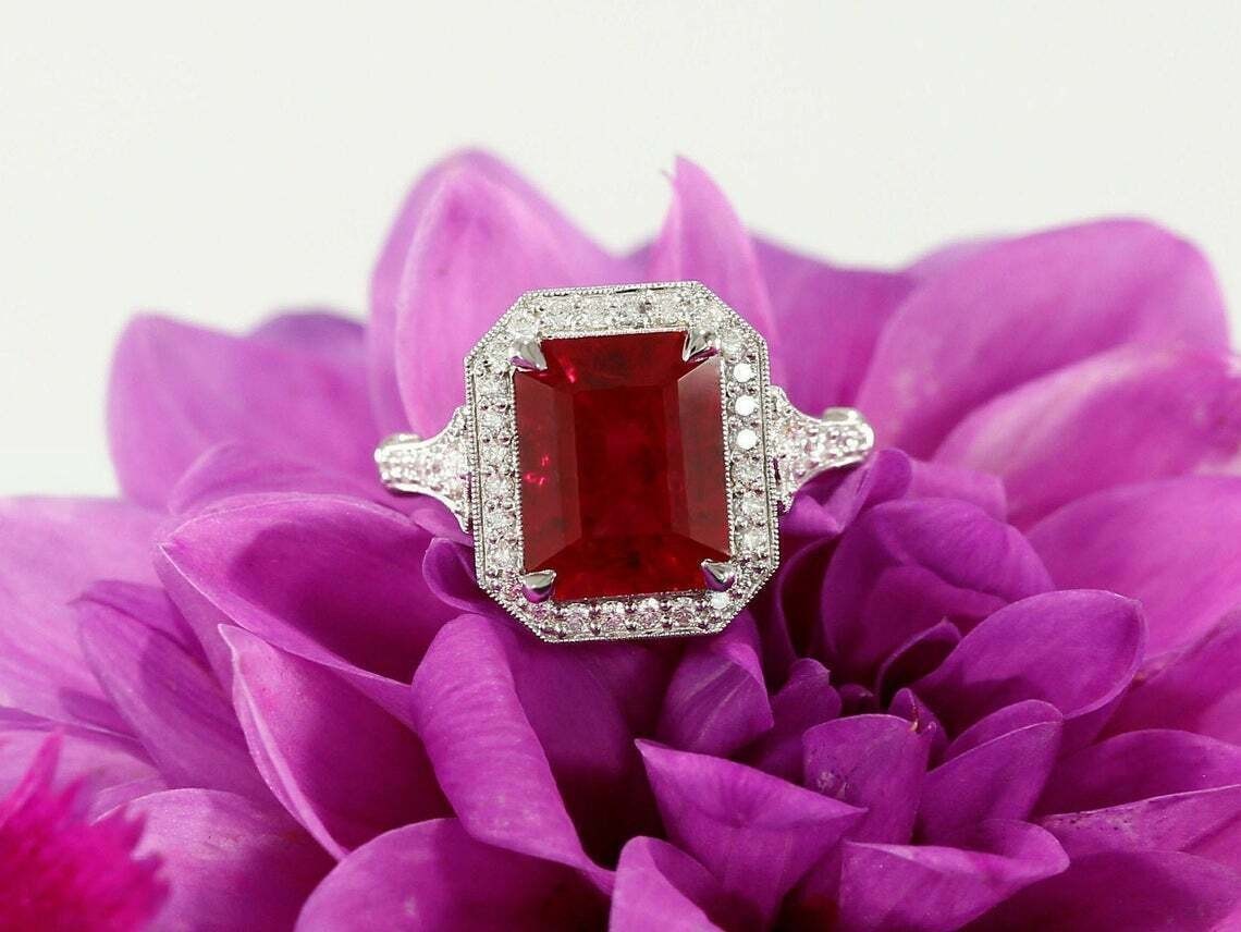 2.92 Ct Emerald Cut Natural Ruby & Diamond Anniversary Ring 14K WhiteGold Size 7