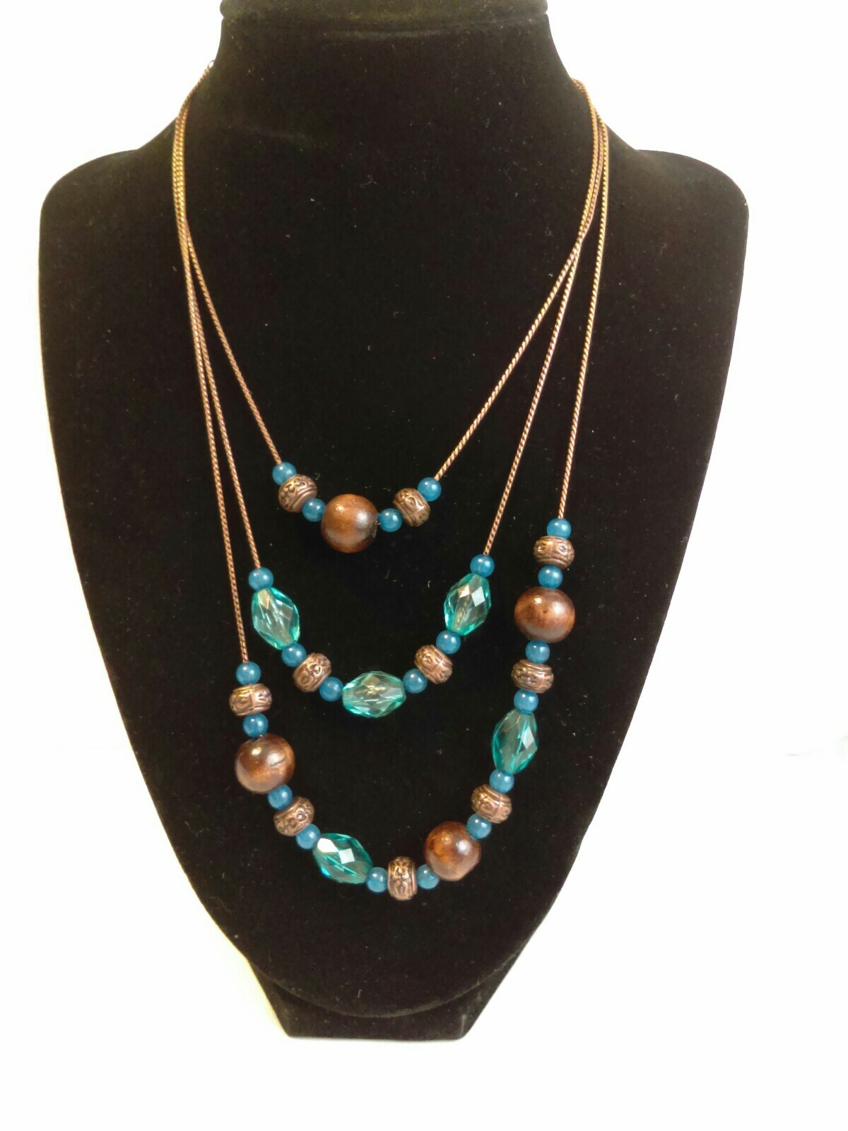 3 strand Drop Mixed Elements Beads Blue and Brown Cool Colors 20″ Necklace. wj2