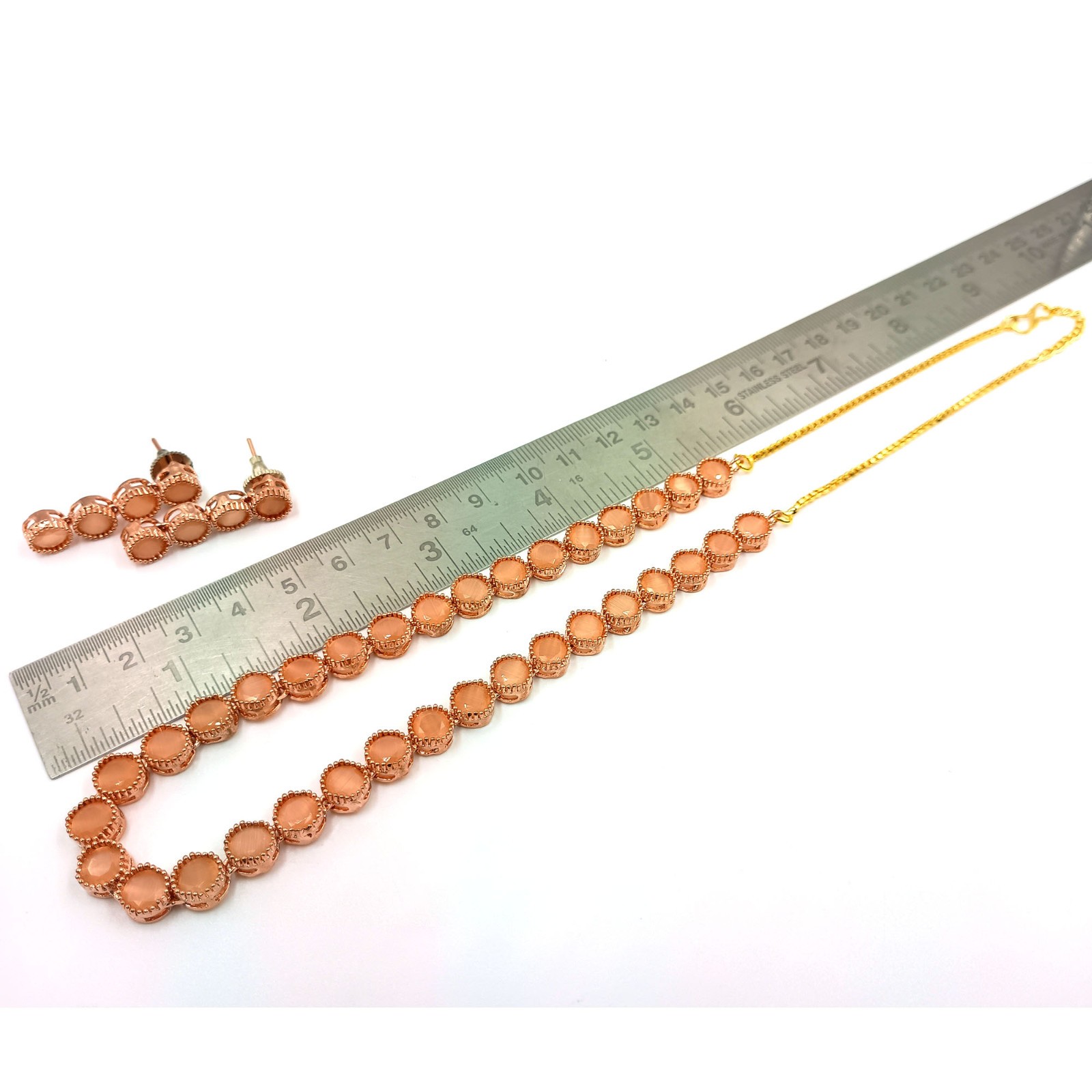 22K Gold Plated Peach Moonstone Bridal Necklace & Earrings Set India Jewelry