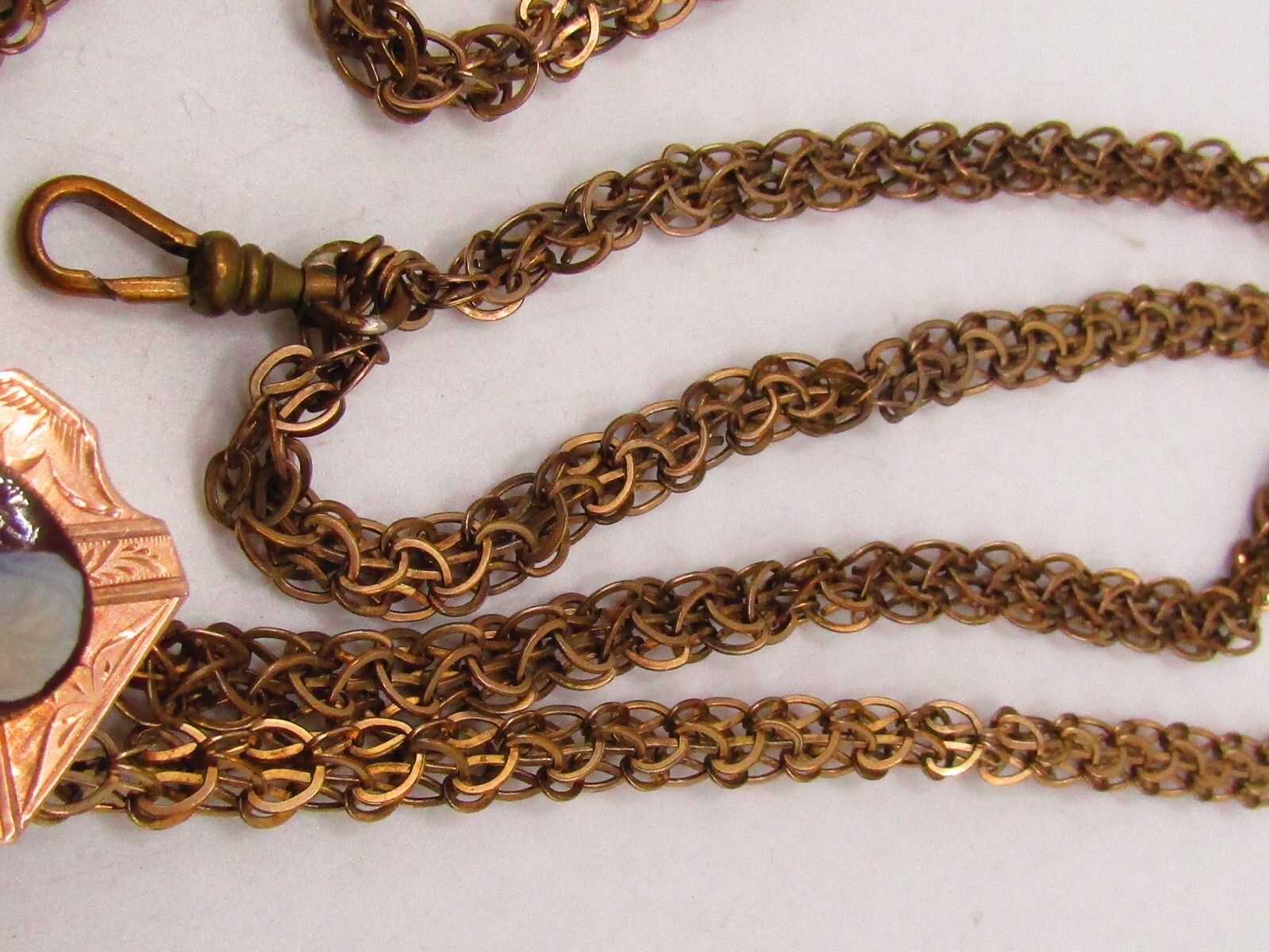 ANTIQUE VICTORIAN LADIES WATCH CHAIN WITH 1OK GOLD CAMEO SLIDE & G.F. CHAIN*