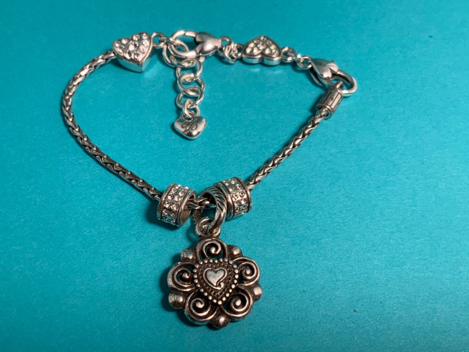 🌸 Brighton Silver Crystal Heart Charm Bracelet With 3 Charms (B23) 🌸