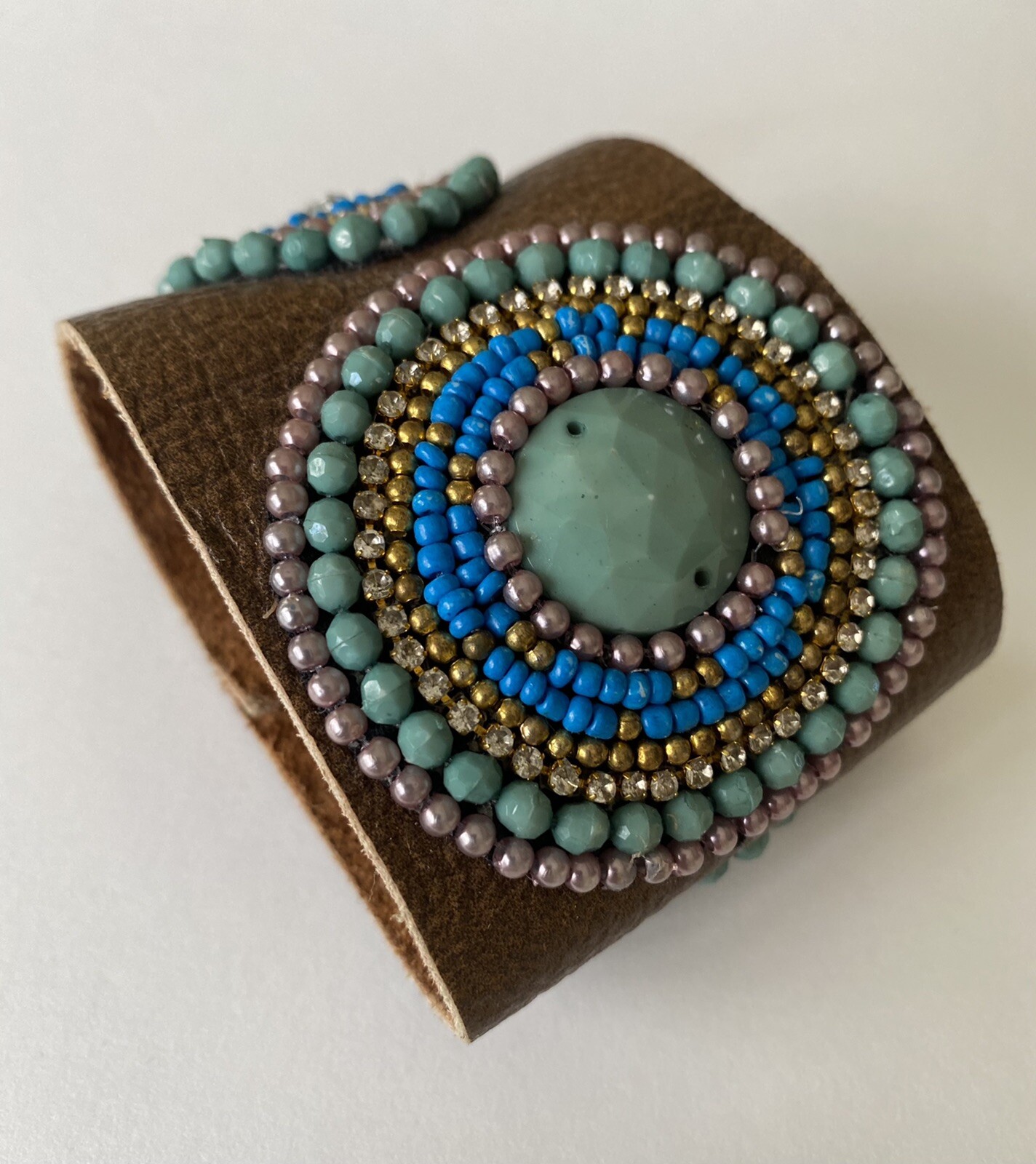 Handmade Faux Blue Green Gold Seed Stone Genuine Brown Leather Bracelet Sz S