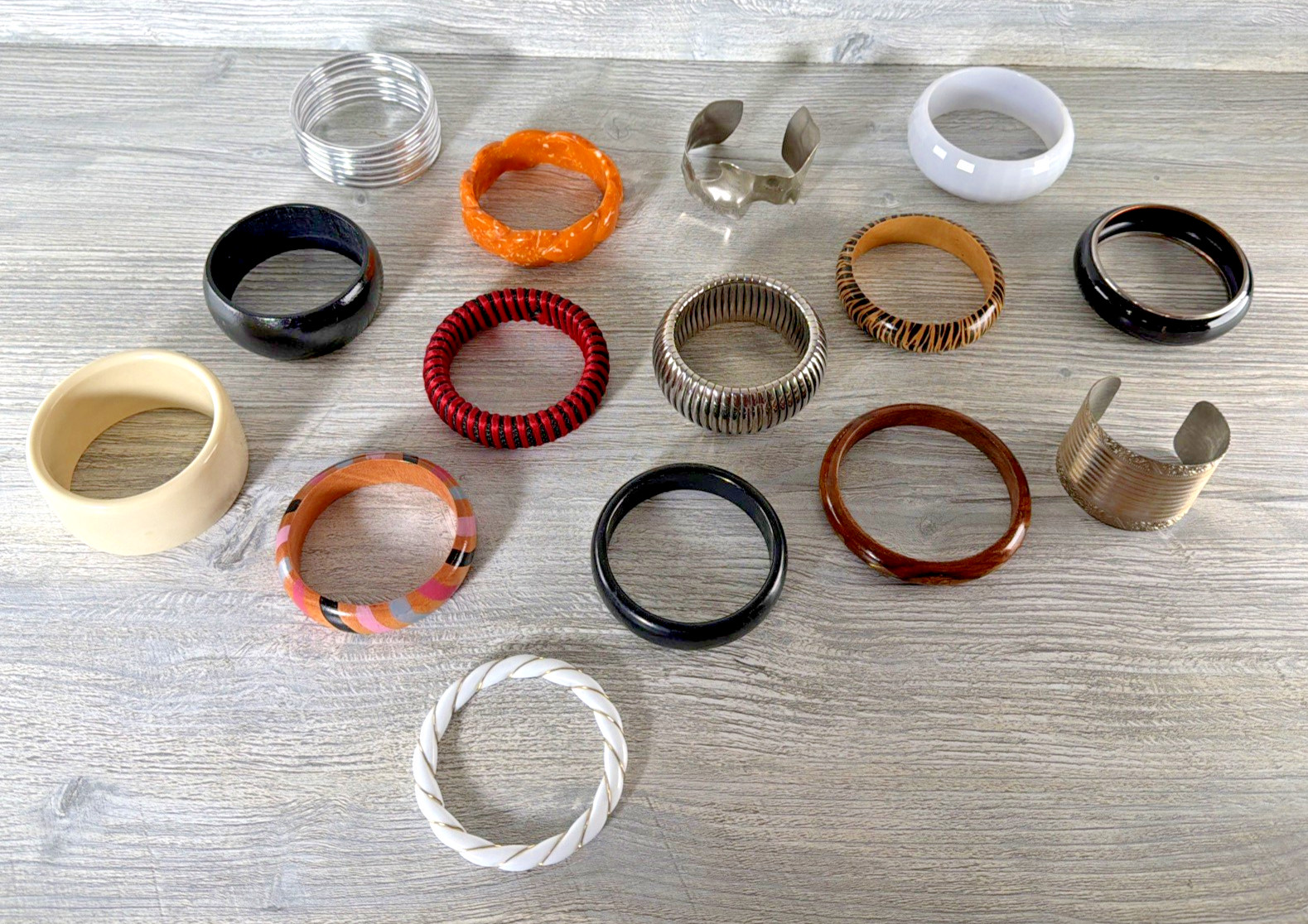 15 Pc Lot Bracelets Silver Brown Multi Color Metal Wood Plastic Mix Bangles Cuff