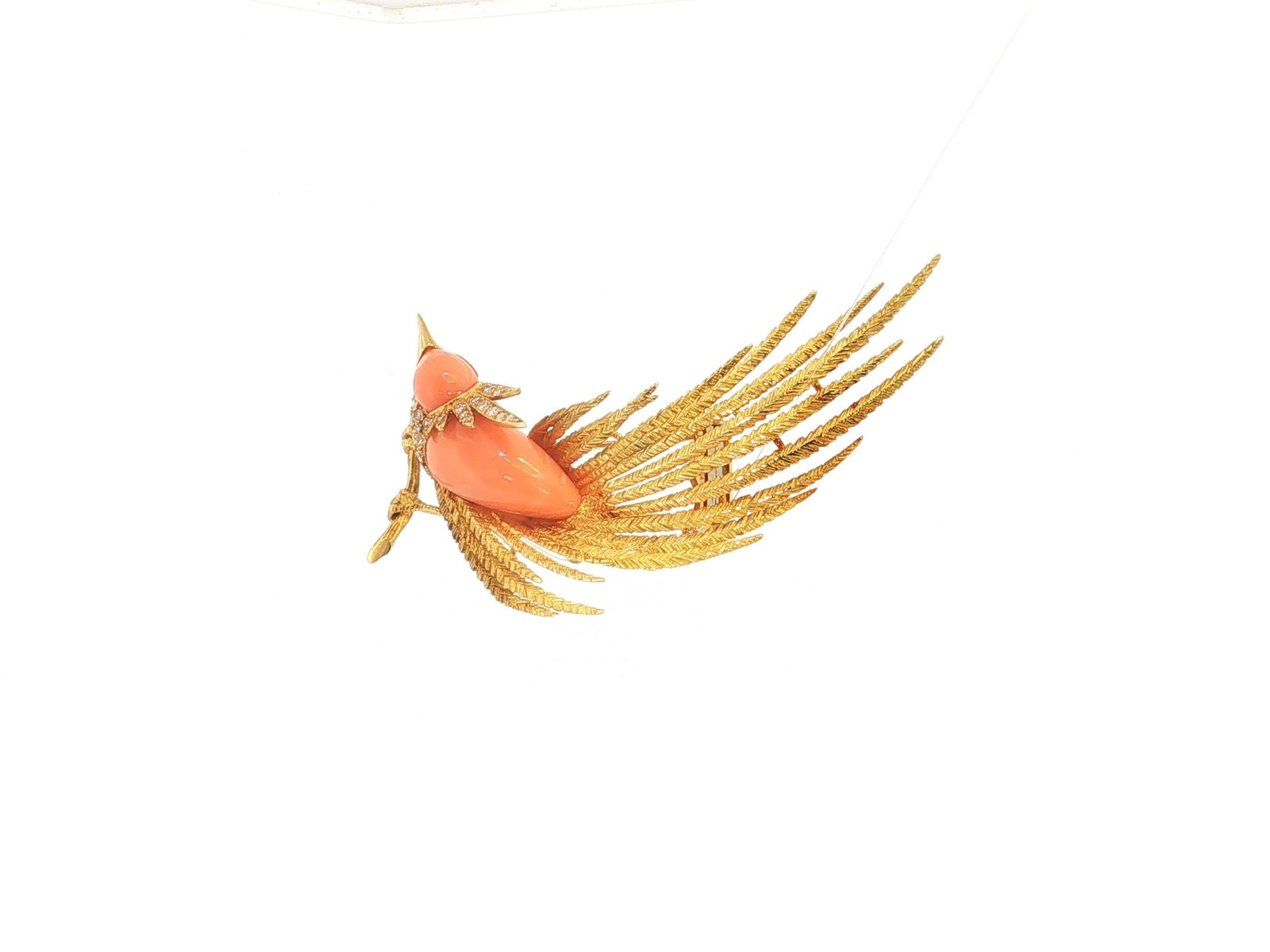 18K Yellow Gold Bird Pin Brooch 0.6ct Round H VS Diamonds 22.61×10.95mm Coral