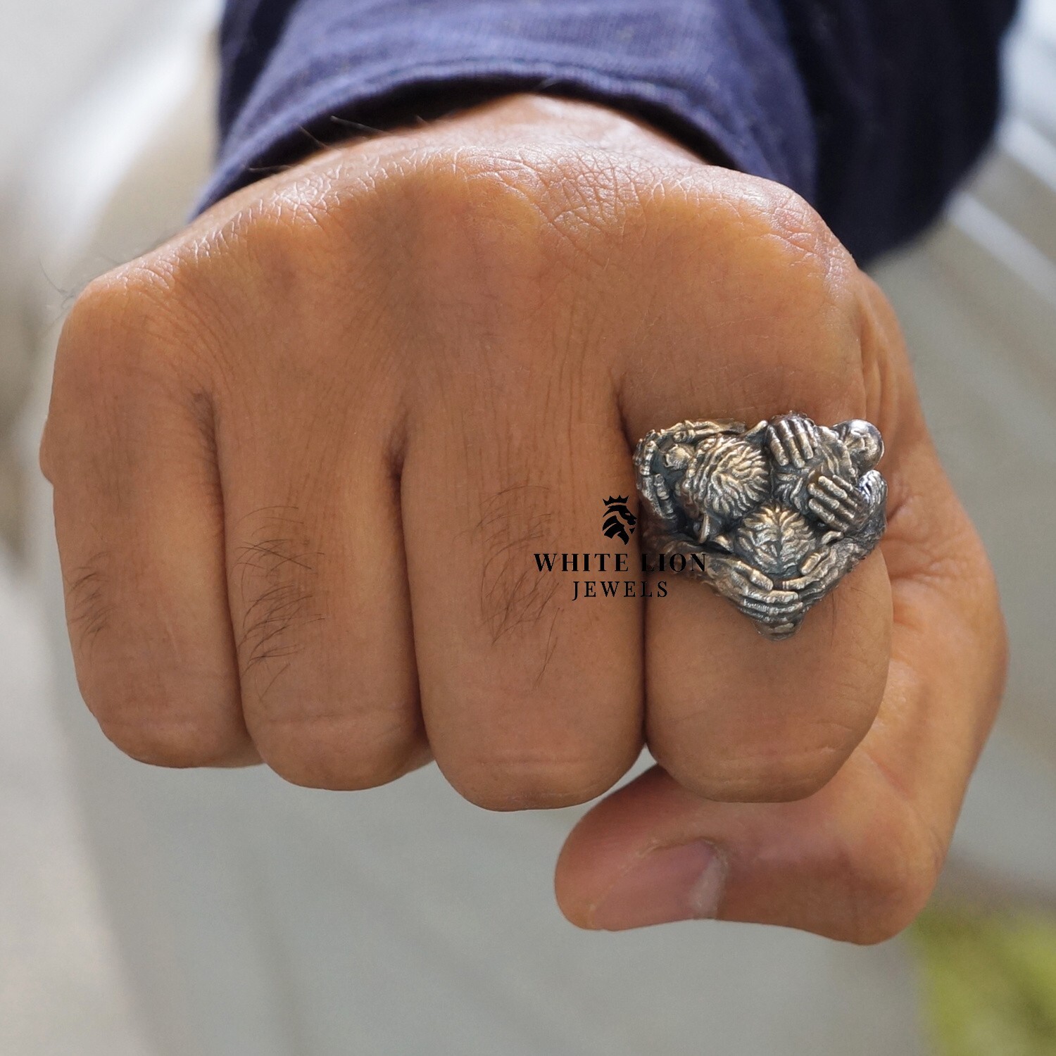 Three Wise Monkeys No Evil Speak Hear See 925 Silver Oxidized Men Biker Ring