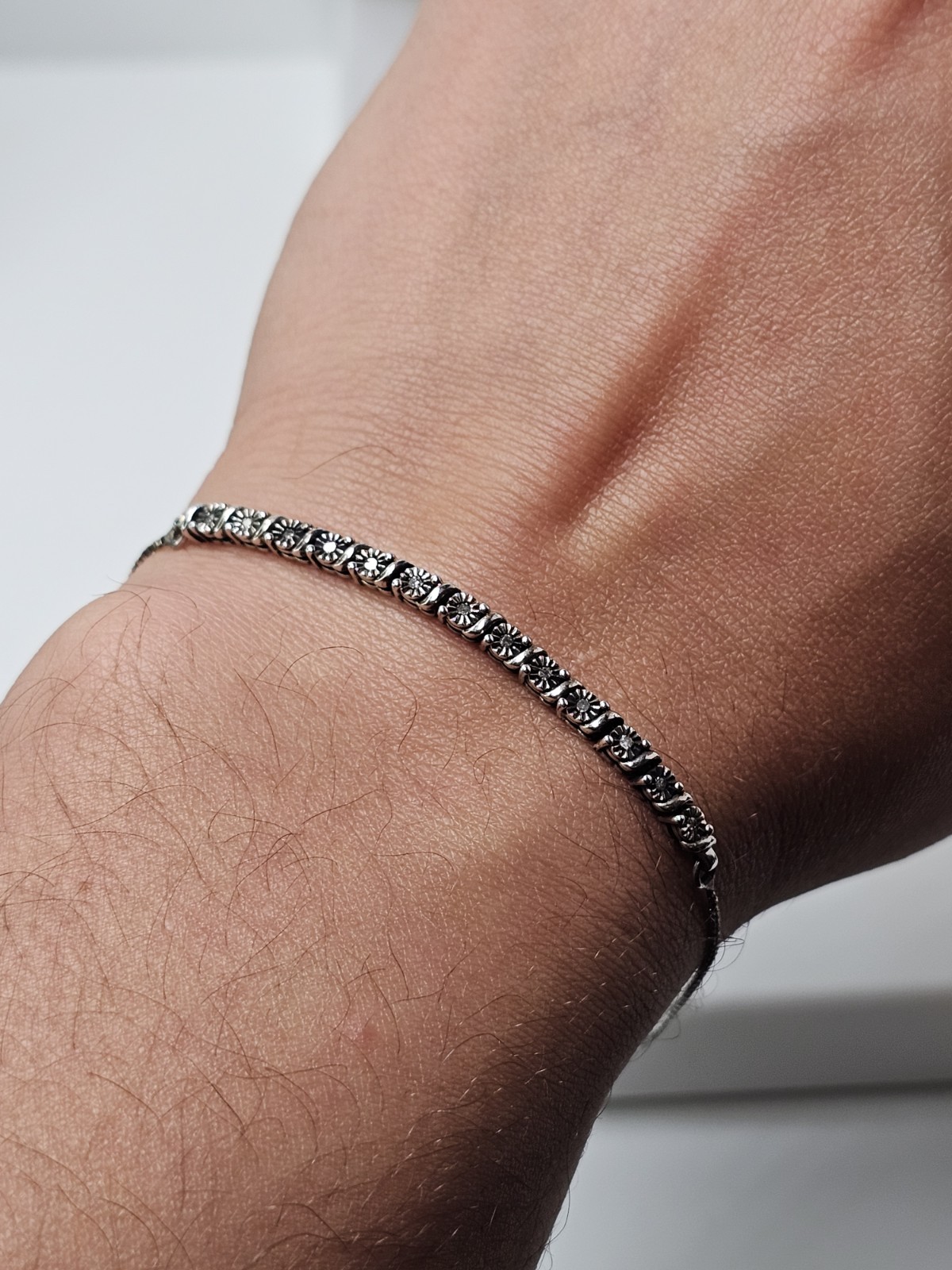 Sterling Silver & Diamond Chips Adjustable Bracelet (Heavy Patina & Tarnish)