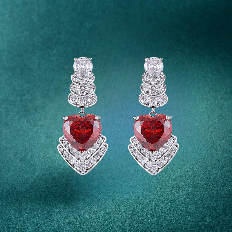White Gold Plated Red/Blue Clear Cubic Zirconia Heart Dangle Earrings