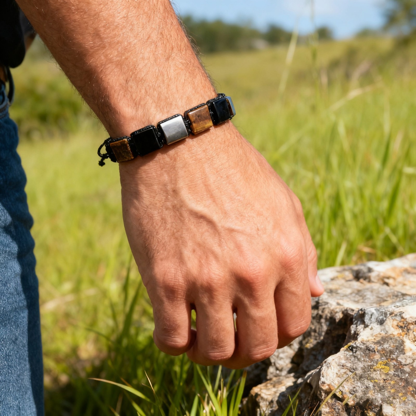 Triple Protection Men Bracelet Tiger’s Eye Hematite Obsidian Square Bead Jewelry
