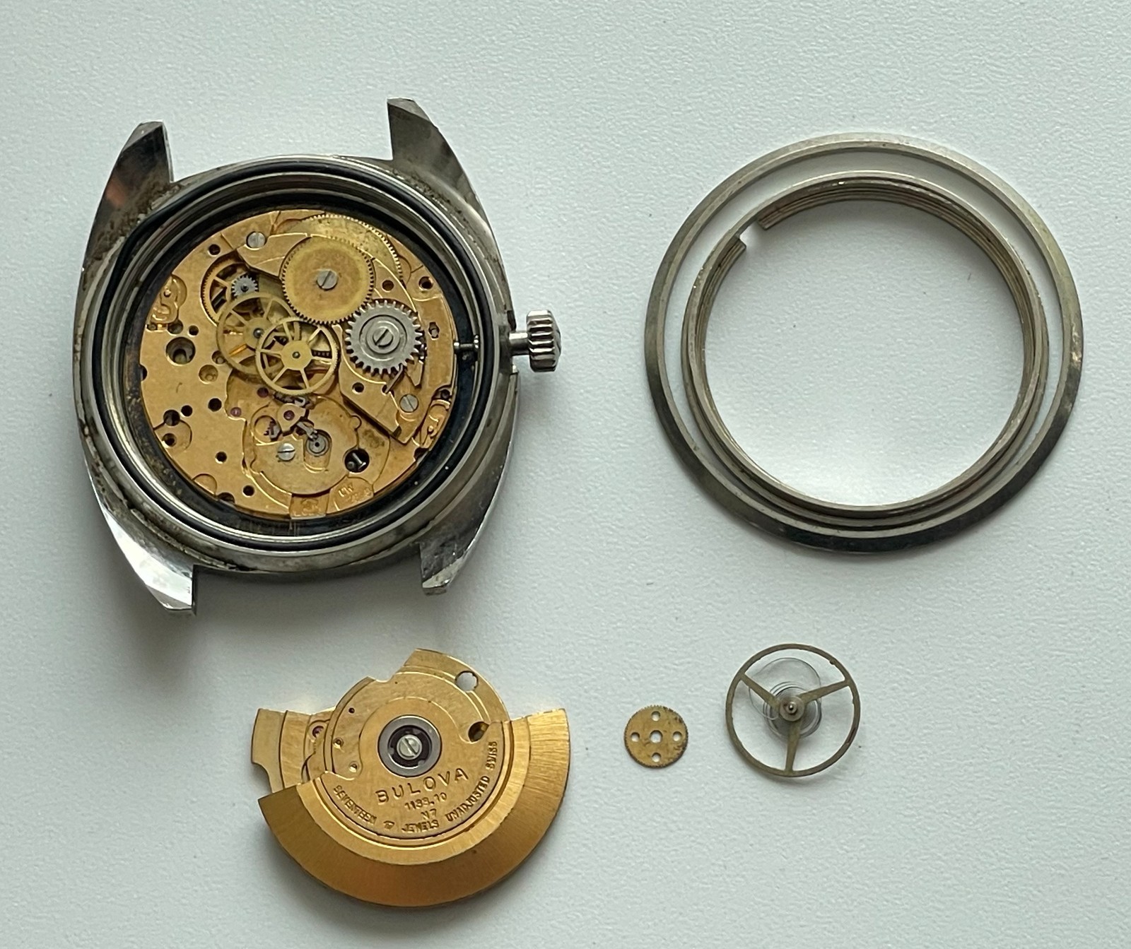 Vintage Bulova Dual Day Automatic Watch Movement N7 Parts Repair 35.6mm Case