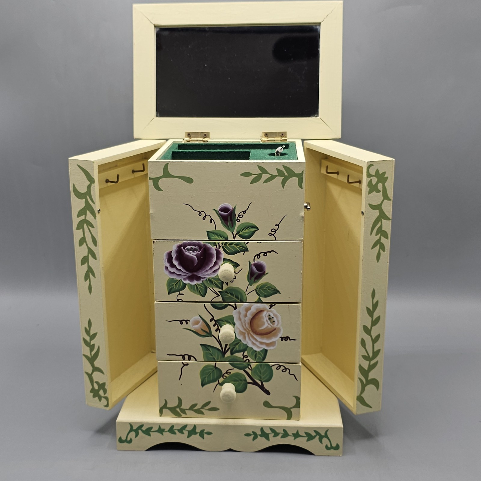 Vintage Wooden Jewelry Music Box Ballerina Cottagecore Grannycore Floral Chic