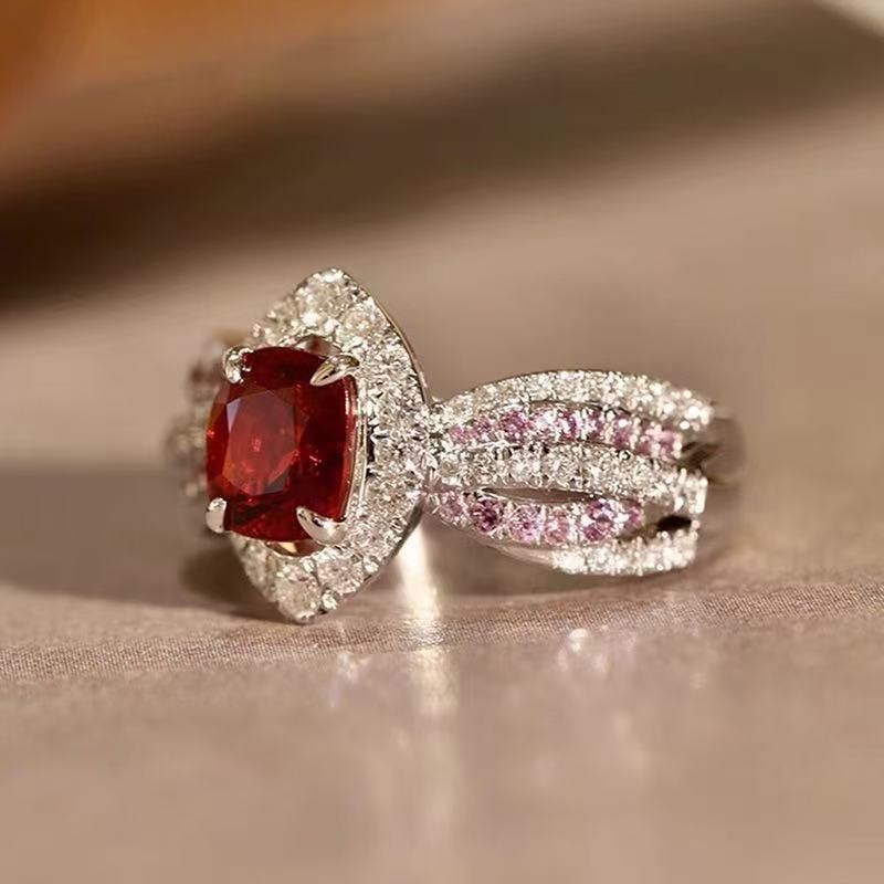 Stunning Woman White Gold Plated Sparkling Red CZ Pink Oval Band Ring