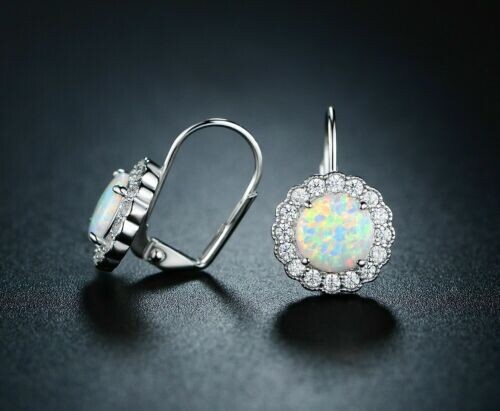 Womens Drop Halo Floral Leveback Earring 1.5ct White Lab Created Opal 925 Silver