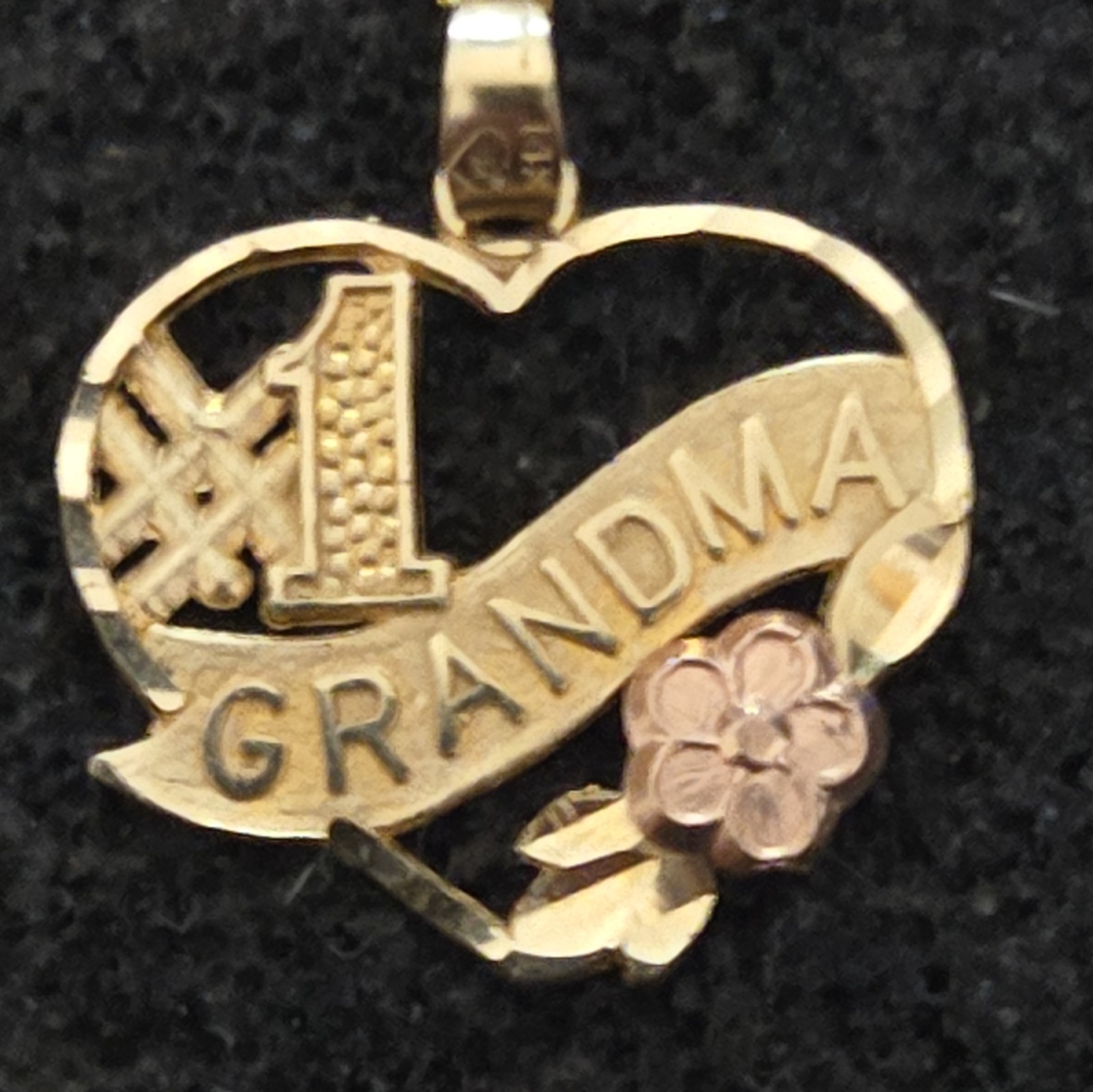 14K Yellow Gold #1 Grandma Heart Pendant, 14K Rope Chain Necklace Signed, 2g.