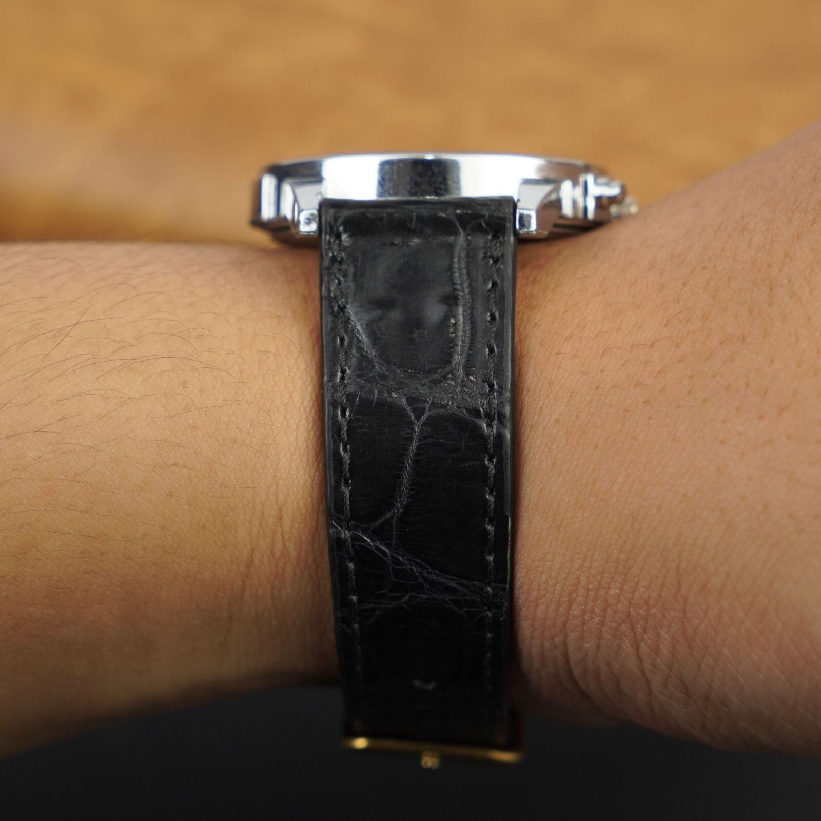 19mm Black Flat Leather Watch Band Genuine Crocodile Watch Strap Gold Buckle