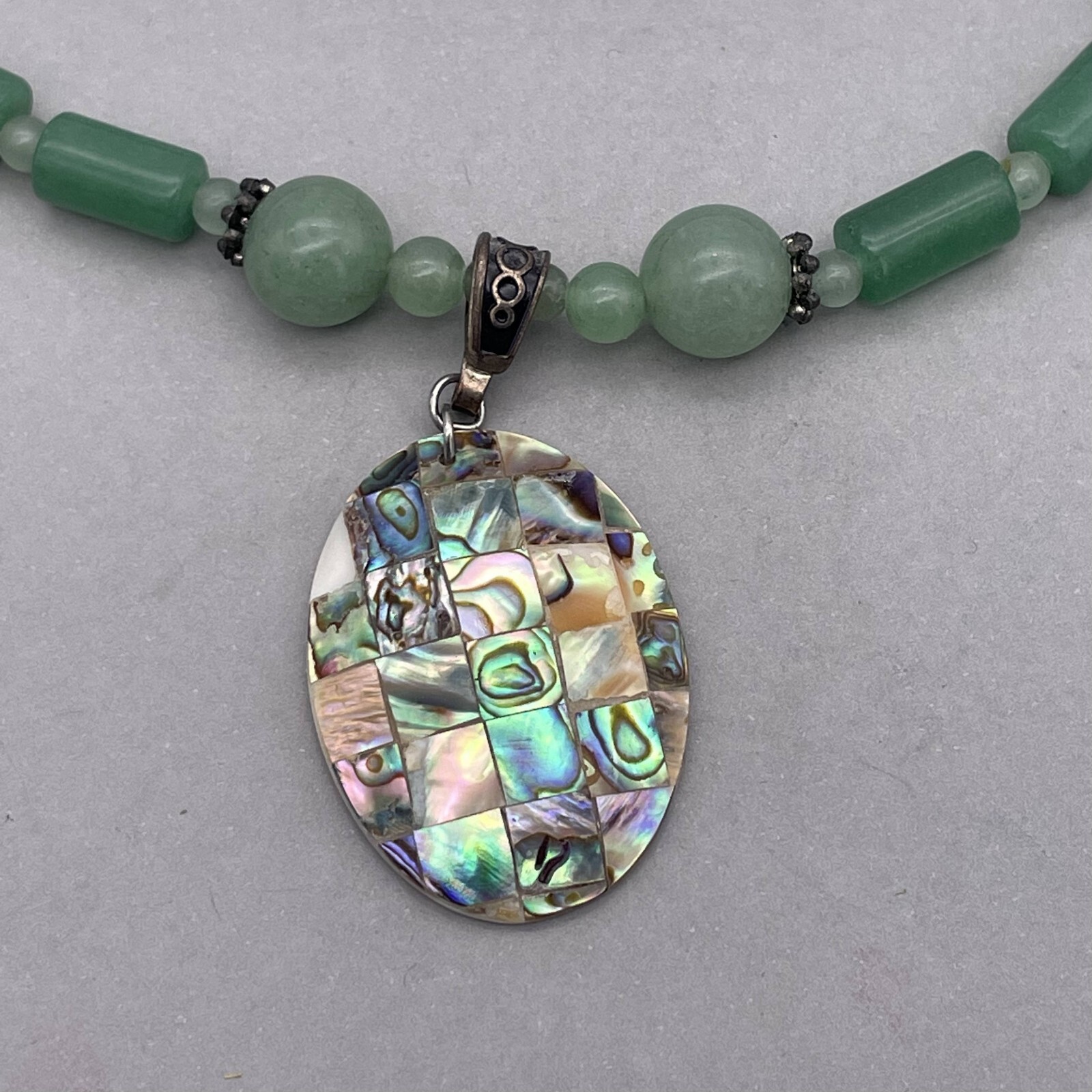 Jade Tube Beaded Abalone Shell Pendant Necklace 18 to 20 Inches