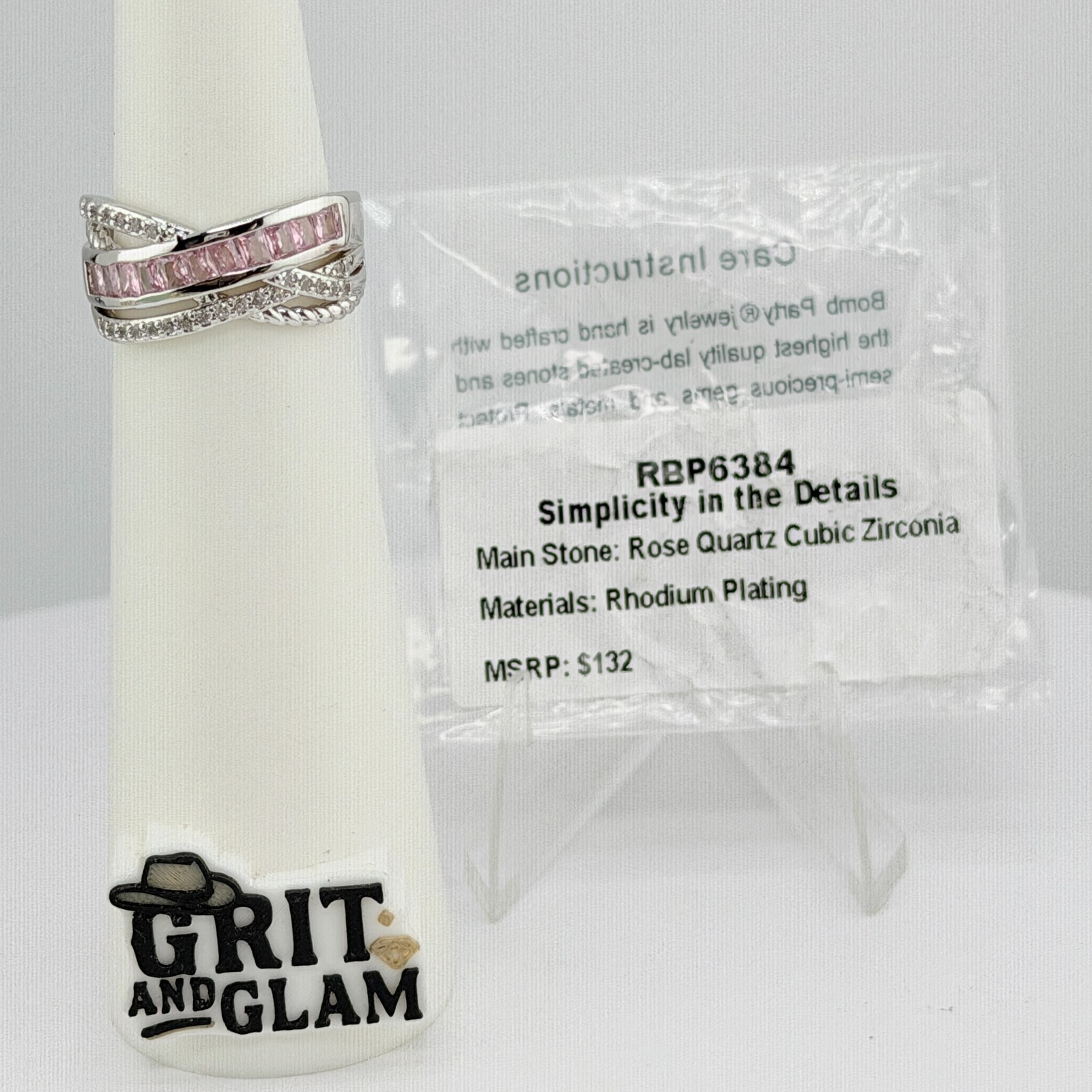 Bomb Party Ring Sz 8 “Simplicity in the Details” Rose Quartz on Rhodium RBP6384