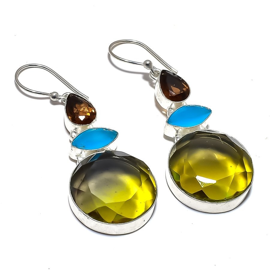 Smoky Quartz, Blue Chalcedony & Lemon Quartz Earrings 925 Sterling Silver
