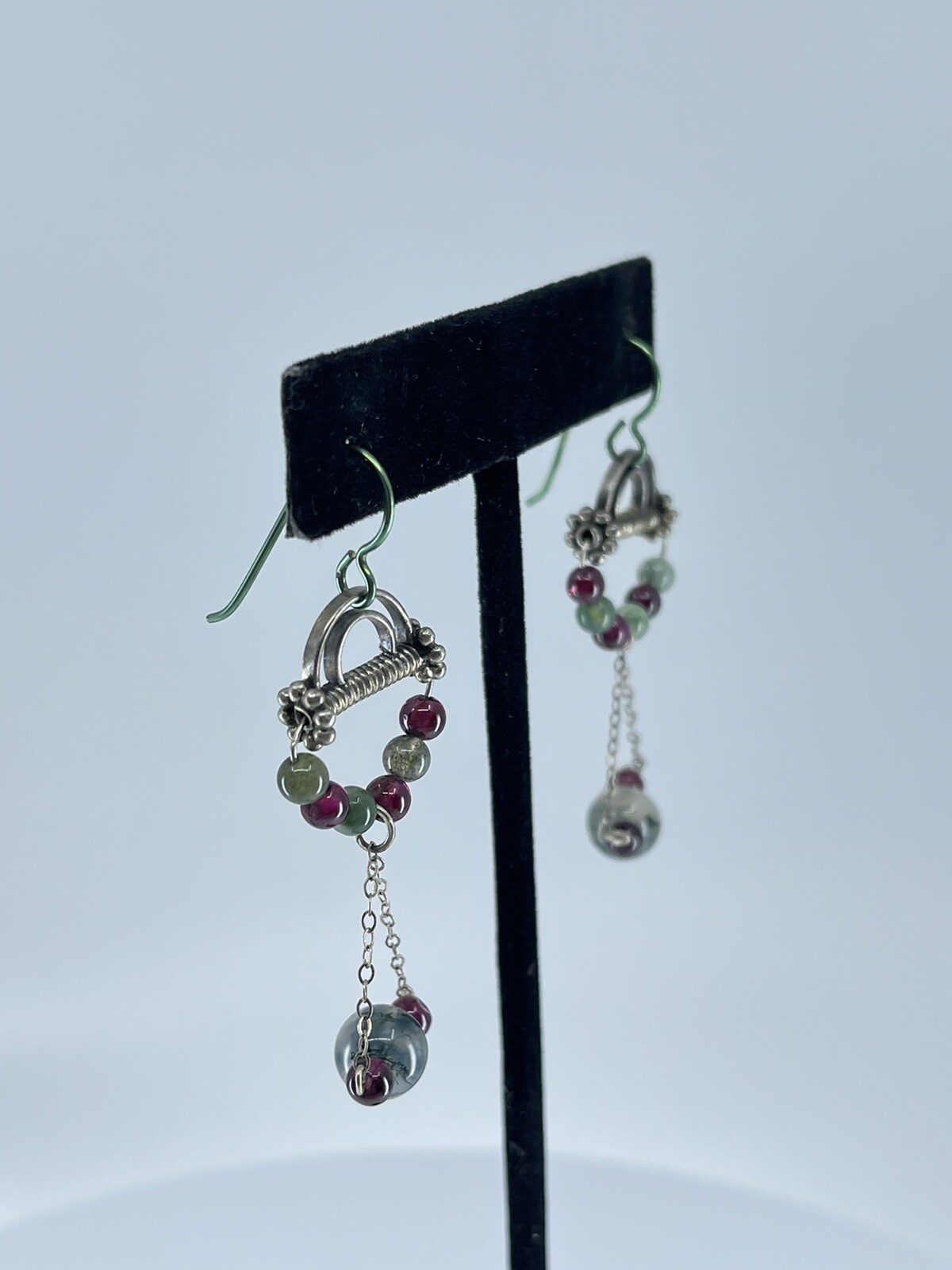 Sterling Silver Dangle pierced Earrings small lightweight round polished stones