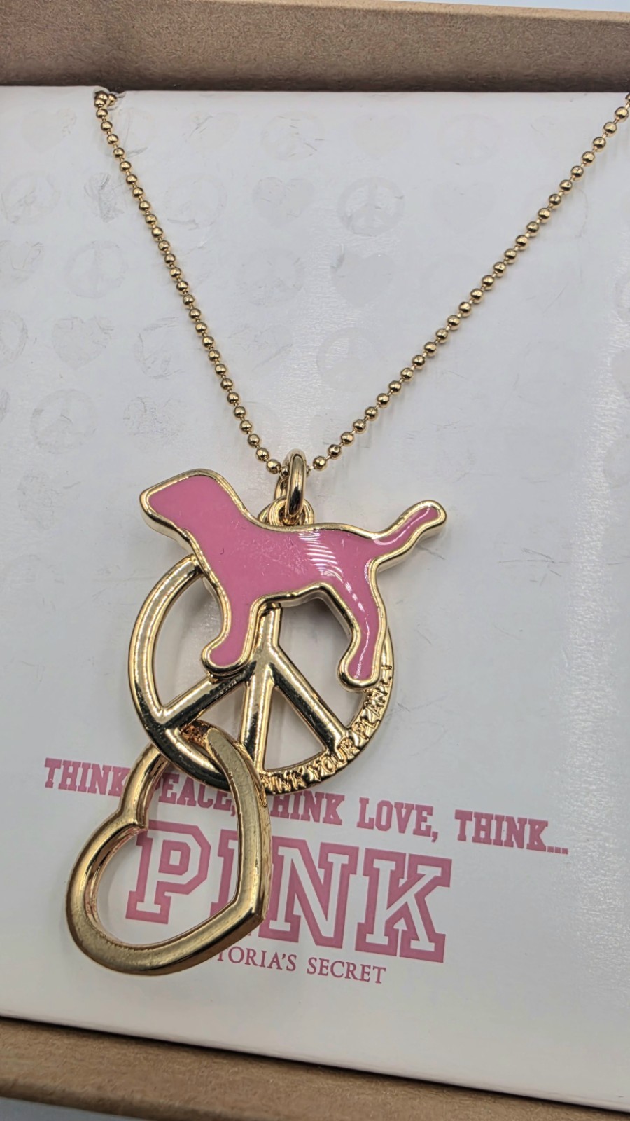 NEW Rare Victoria’s Secret PINK Dog Charm Necklace Peace Love