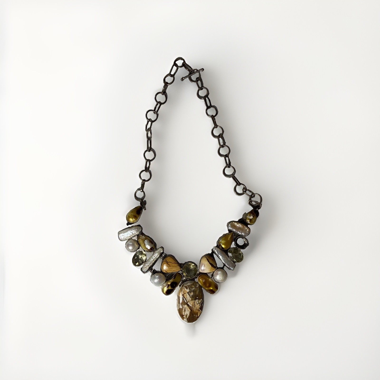 Vintage 925 Sterling Silver Multi Gemstone Biwa Pearl Jasper Collar NecklaceBoho
