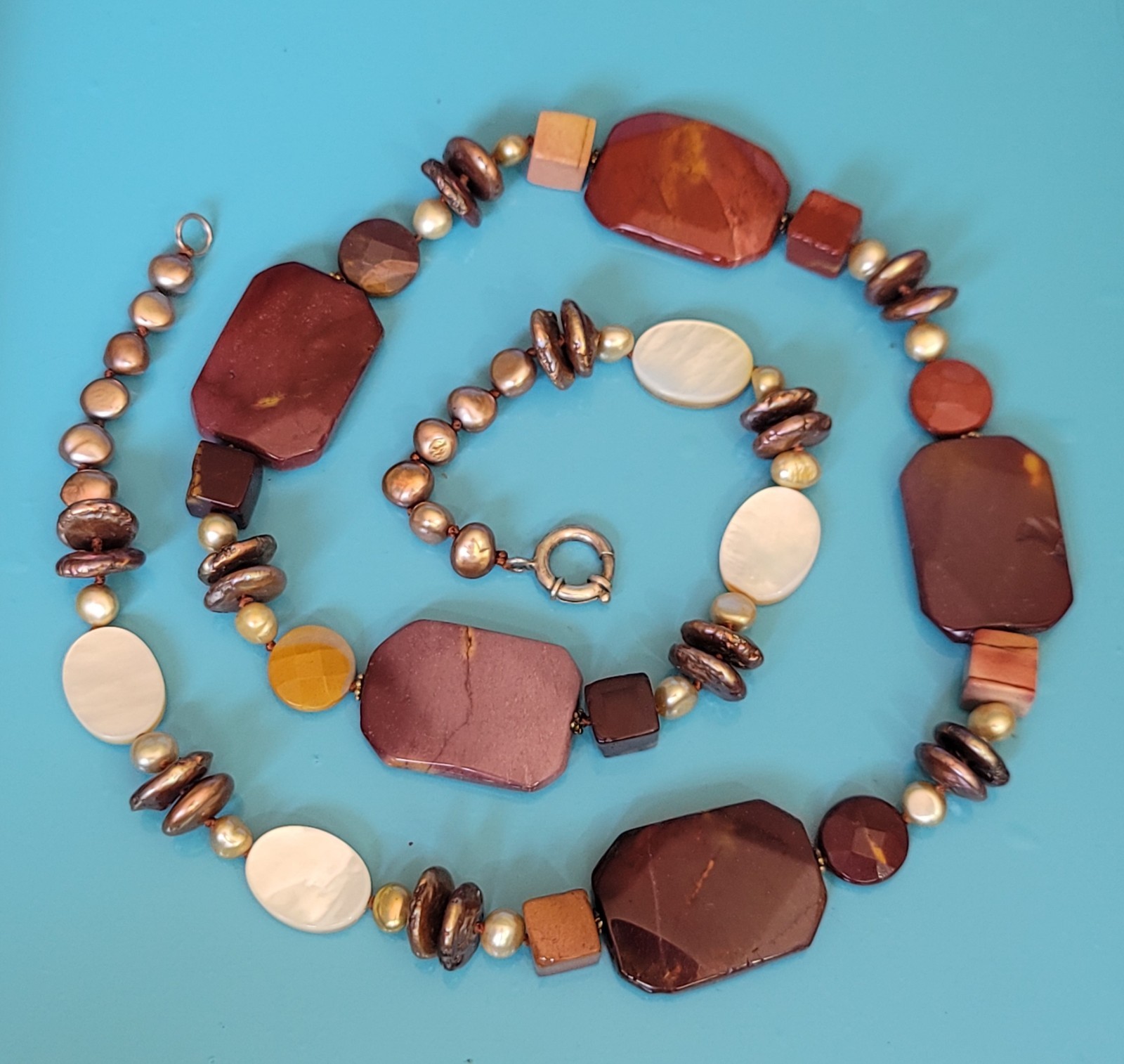 SB2: 30″ Heavy 140g Sterling Silver Mookaite Jasper Statement Necklace Boho