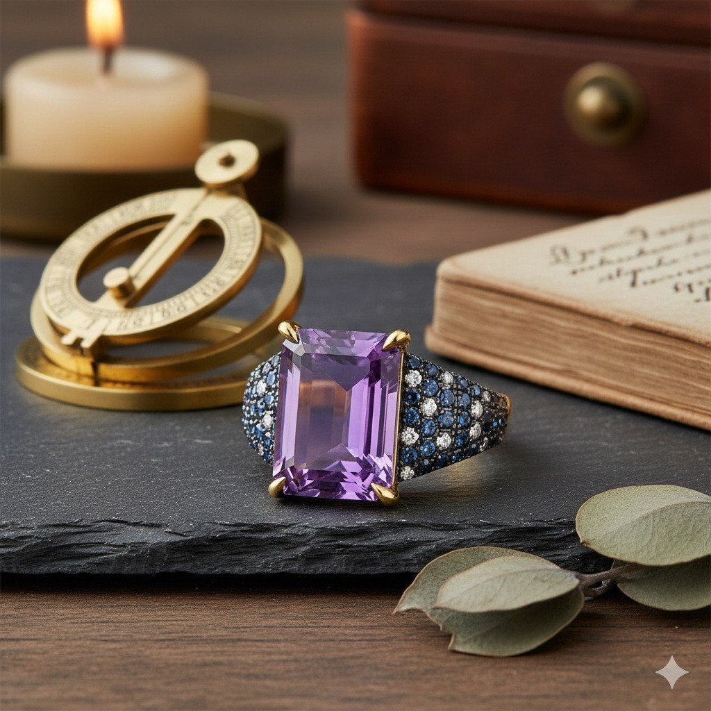 925 Sterling Silver African Amethyst Ring Emerald Cut Stone with Blue & White CZ