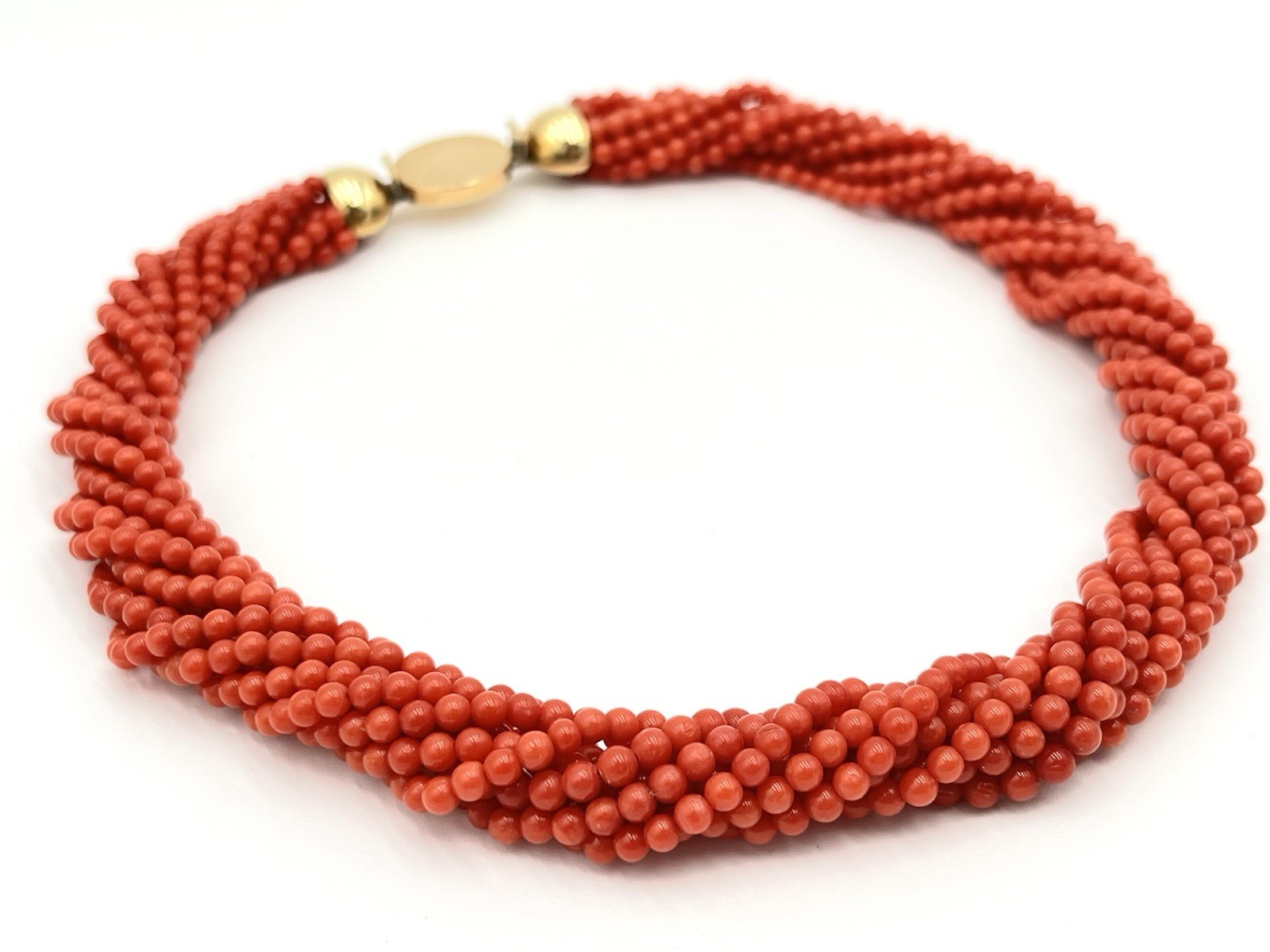 Mediterranean Red Coral Torchon Necklace 9 Strands 4mm 18kt Gold Natural Handmade