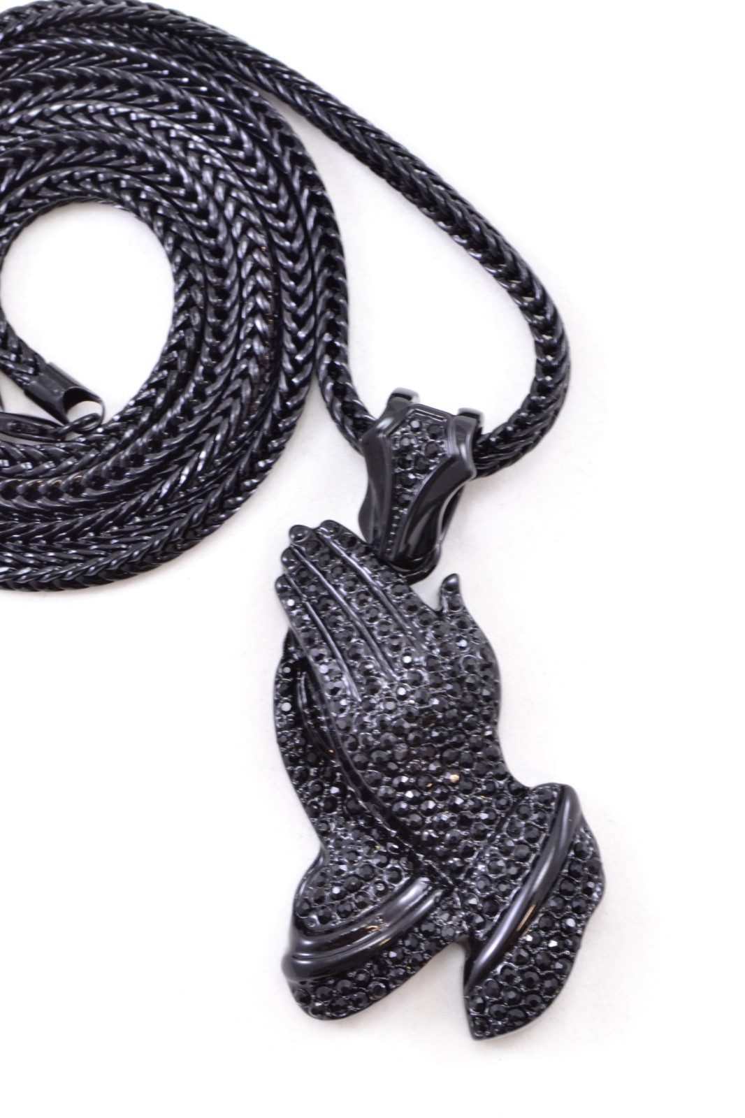 NEW! Black GP Charm Praying Hands Pendant 36”Franco Chain Last One