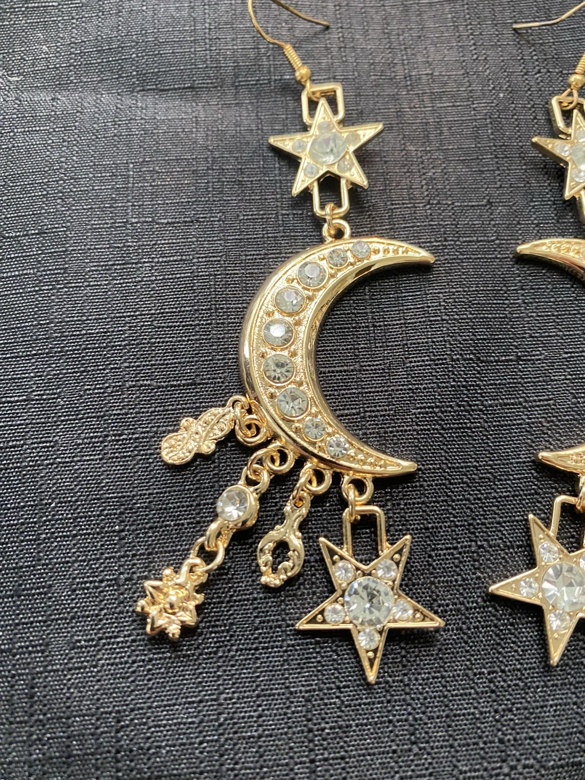 Gold Tone Celestial Moon Star Dangle Drop Earrings Crystal Rhinestone 3.75 in