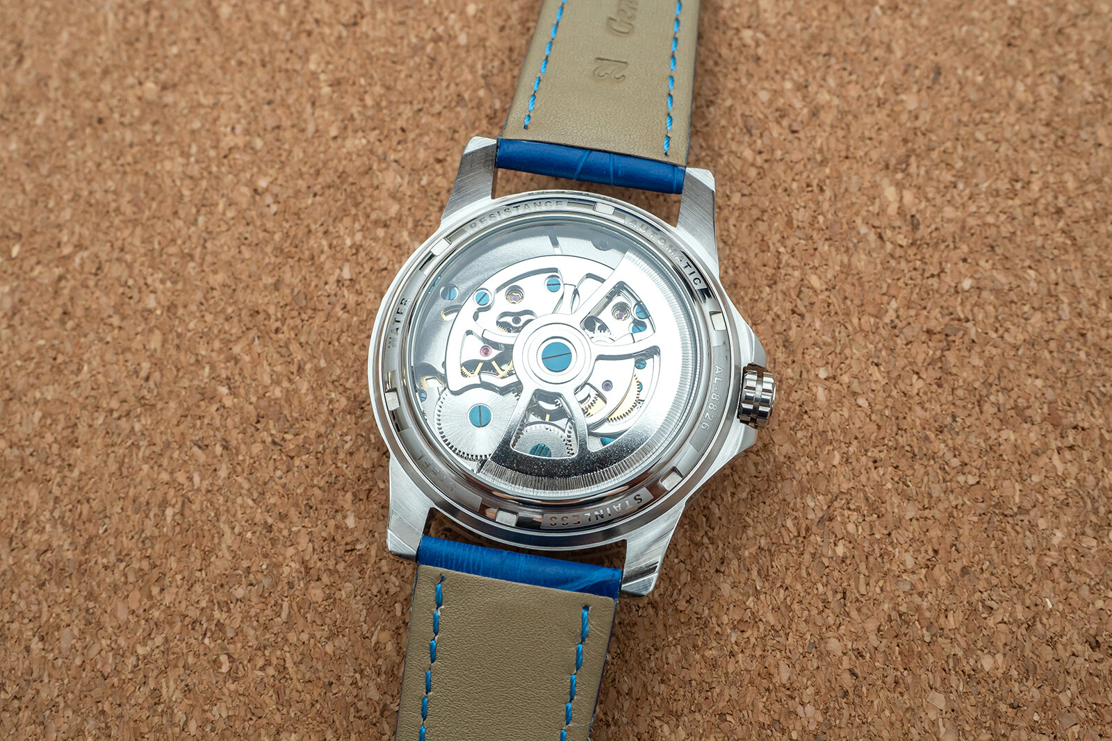 Mens Silver Double Flywheel Skeleton Automatic Mechanical Watch Blue Leather