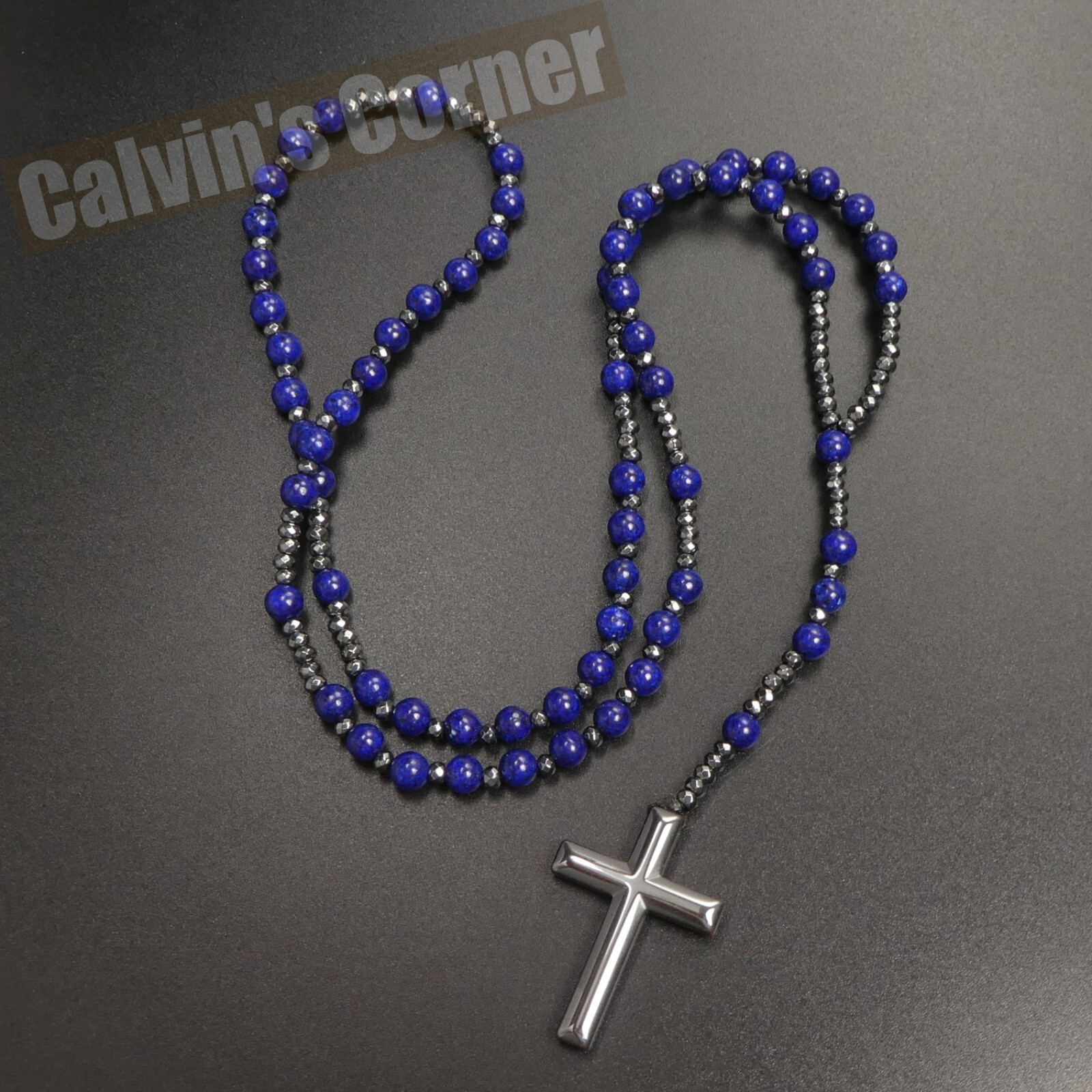 Lapis Lazuli Black Hematite Rosary Necklace Catholic Christ Cross Men Women Gift