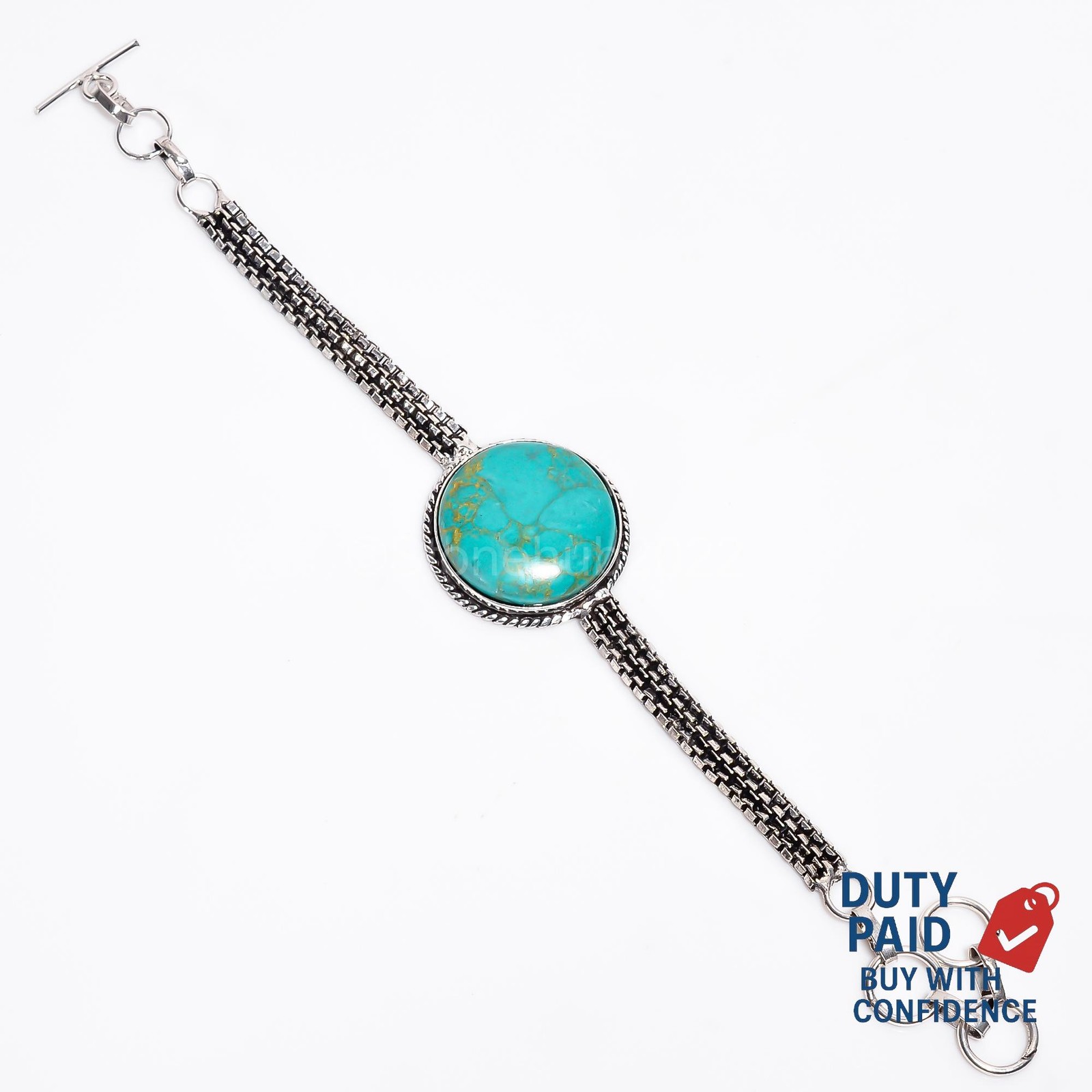925 Sterling Silver December Birth Genuine Green Copper Turquoise Chain Bracelet