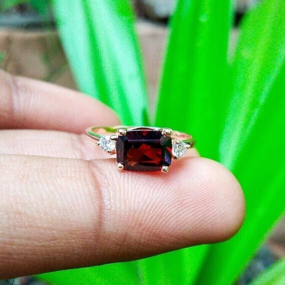 Emerald Cut Simulated Garnet Women’s Gorgeous Fancy Ring 14K Yellow Gold Plated